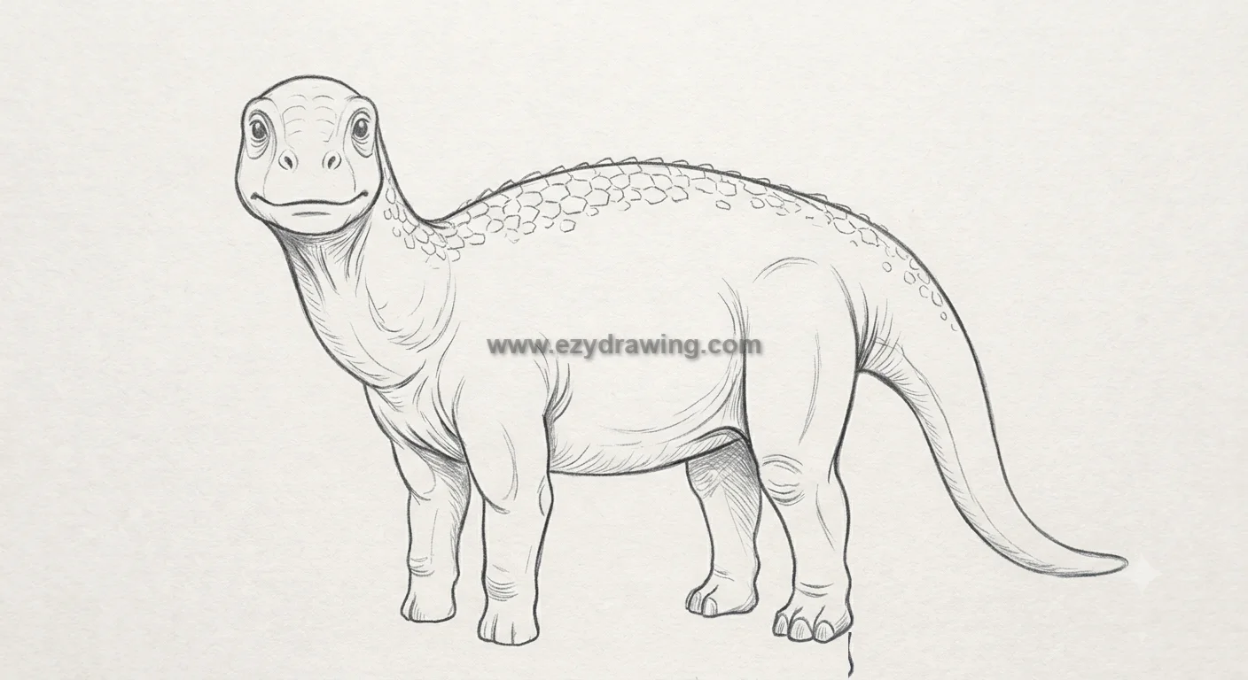 How To Draw dinosaurs Easy Step By Step for Kids 6 How To Draw dinosaurs step 5 sketch showing refined long neck dinosaur outline, face details, scales and texture for easy drawing