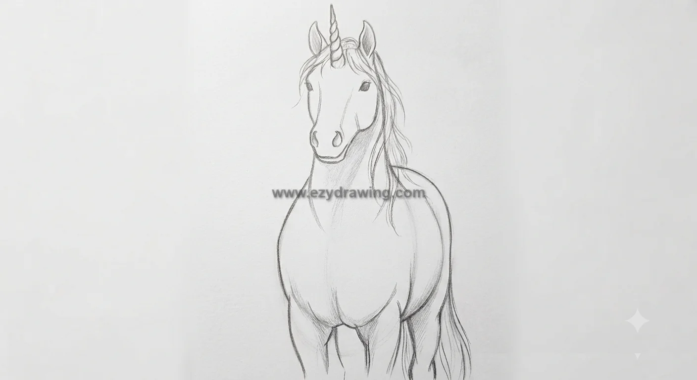how to draw unicorns refined pencil sketch with horn, mane, face details, body lines, legs, and tail on white paper