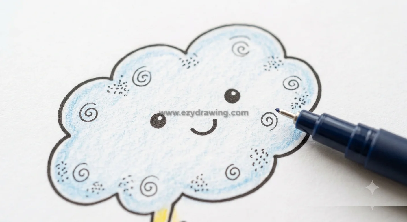 How To Draw Doodles with a blue pen adding spiral patterns and dotted texture to a smiling cloud for extra depth and detail.