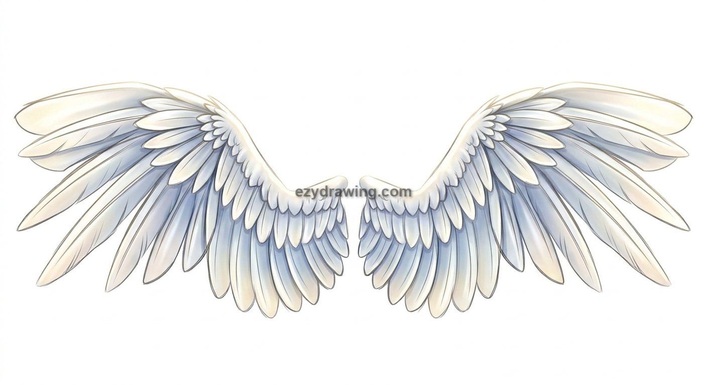 How to draw wings step 6 adding soft colors, gentle highlights, and realistic feather shading to create beautiful finished angel wings.