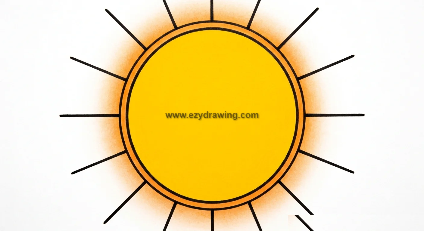 How to draw sun by adding a soft orange glow around the bright yellow center, creating a warm, radiant, and realistic sunshine effect.