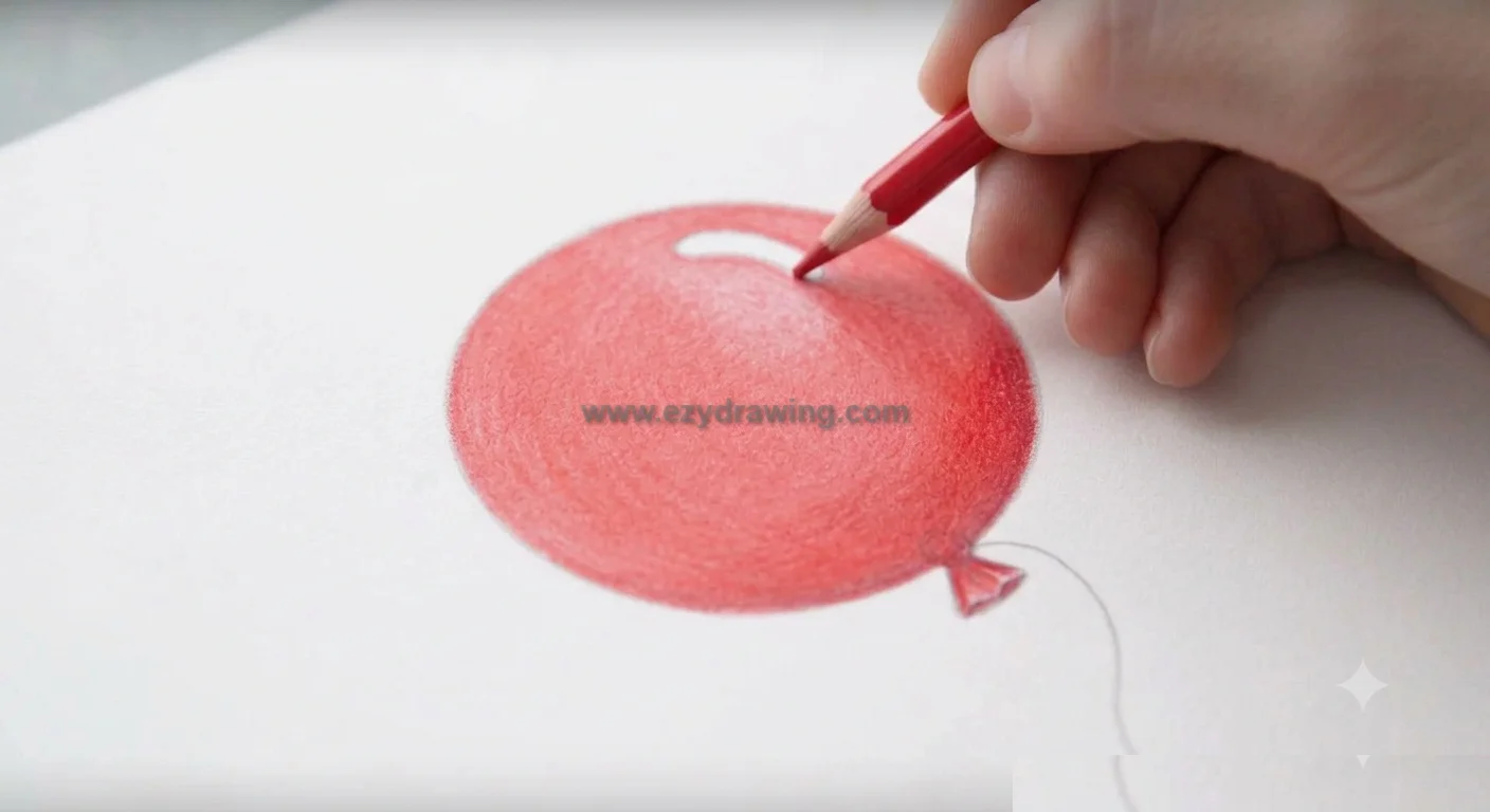 How To Draw Balloon Quick Easy Drawing Ideas 7 How To Draw Balloon step 6 showing a red shaded balloon with shine, knot, and string, easy final sketch for beginners.