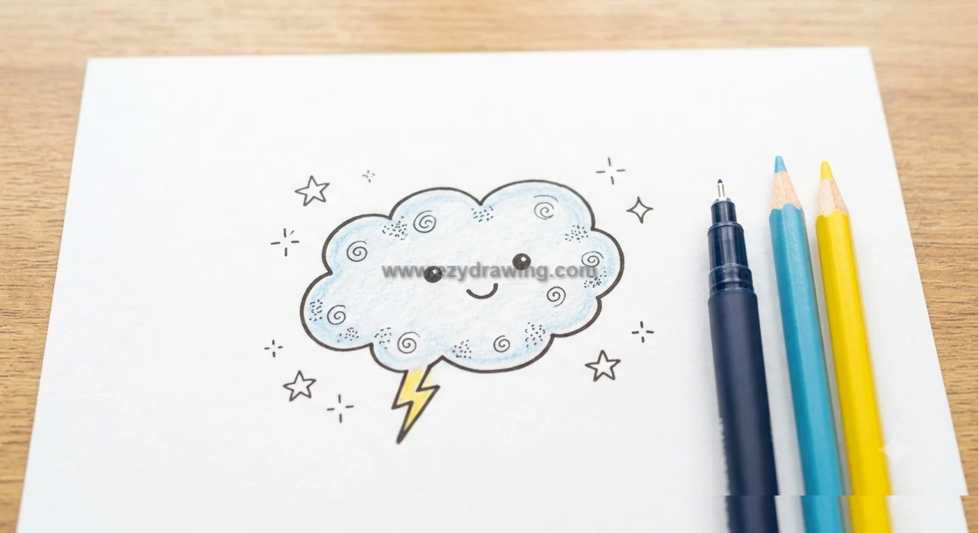 How To Draw Doodles with a smiling blue cloud, yellow lightning bolt, stars, sparkles, pen, and colored pencils on white paper.