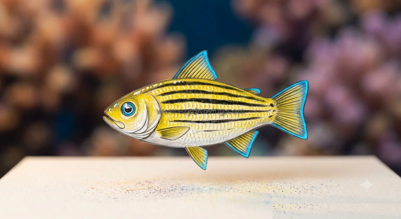 how to draw fish final step showing a polished yellow striped fish with blue fins floating above paper in a soft aquarium scene.