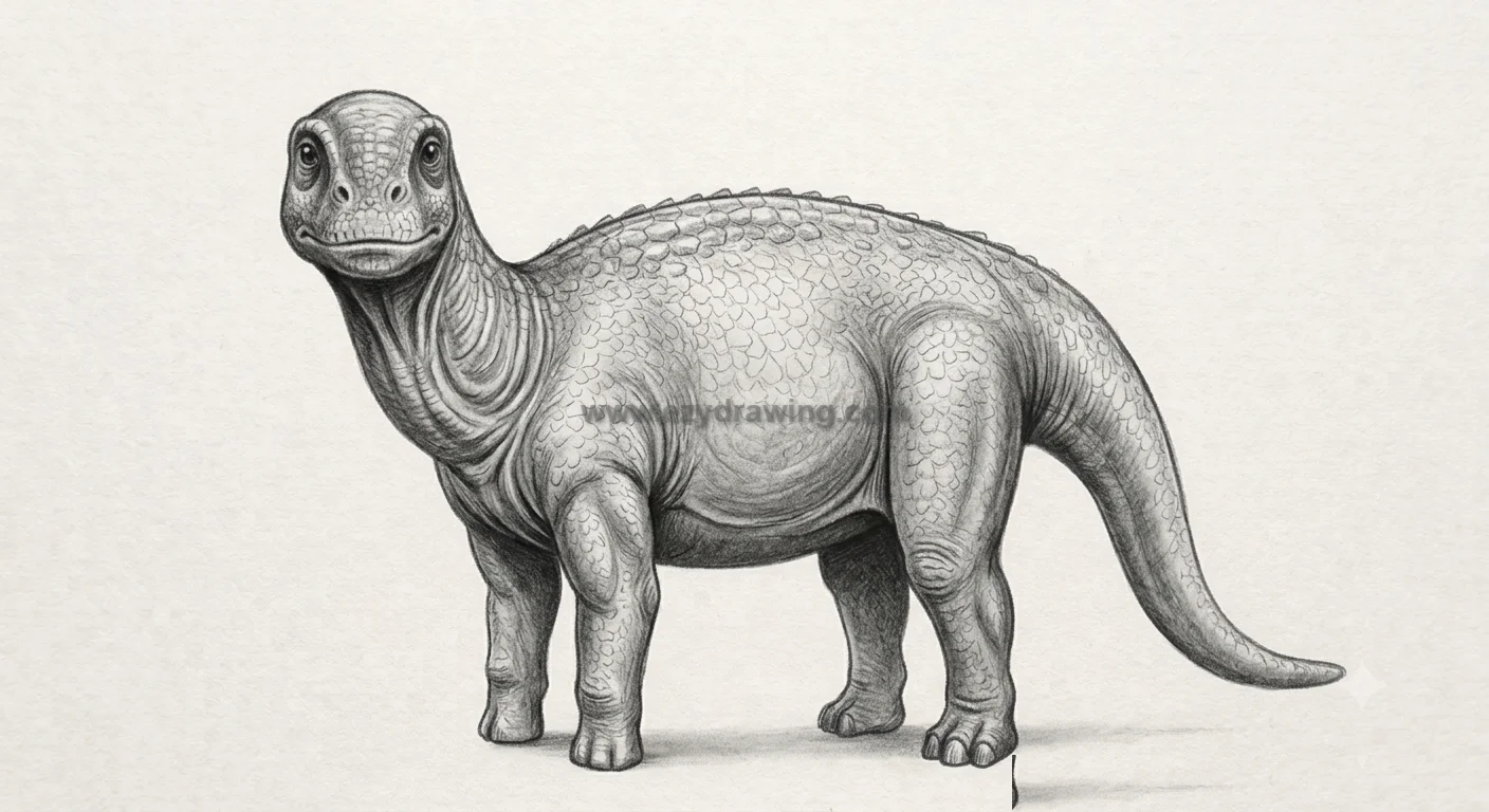 How To Draw dinosaurs Easy Step By Step for Kids 7 How To Draw dinosaurs step 6 sketch showing final shaded long neck dinosaur with scales, depth and realistic pencil texture