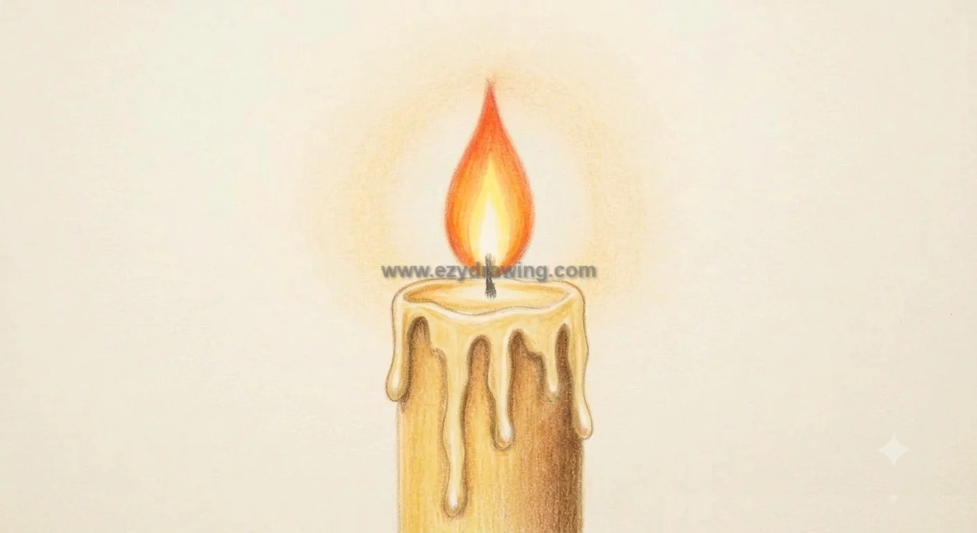 How To Draw A Candle step 6 showing final shading, warm glow, melted wax, and bright flame on a colored candle sketch.