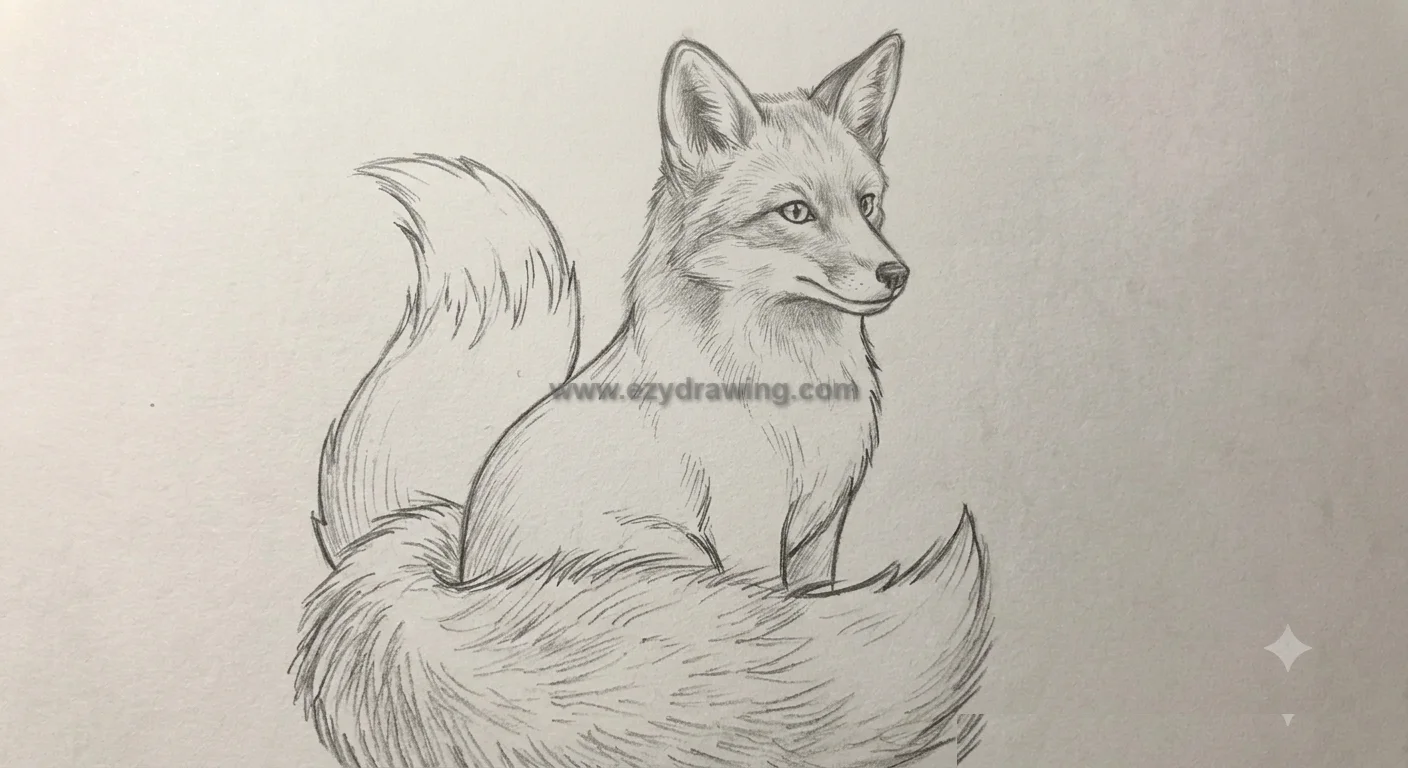 How to draw fox final step featuring a completed pencil sketch with realistic fur, clean outlines, balanced shading, and fluffy tail