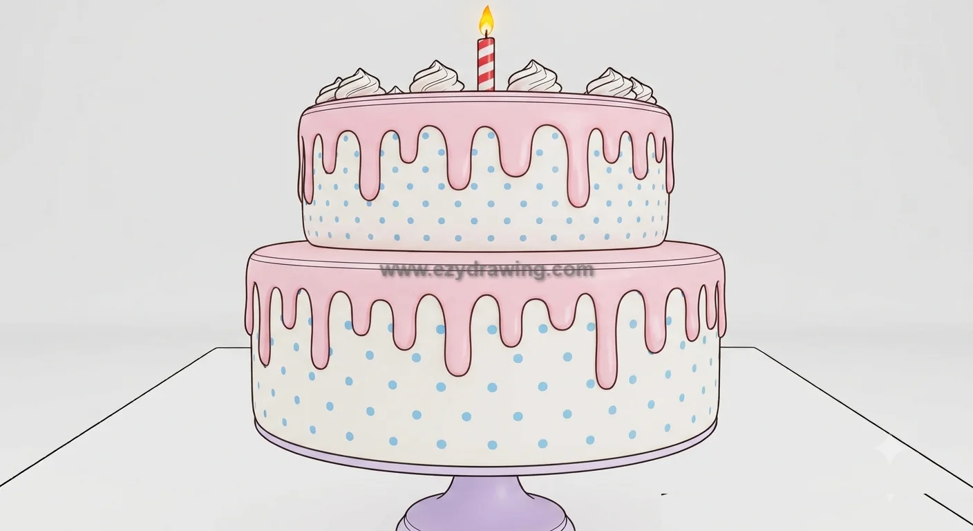 How to Draw Cake for Kids With Fun Simple Steps 7 how to draw cake with two pink tiers, dripping icing, blue polka dots, frosting swirls, a striped candle, and a cake stand