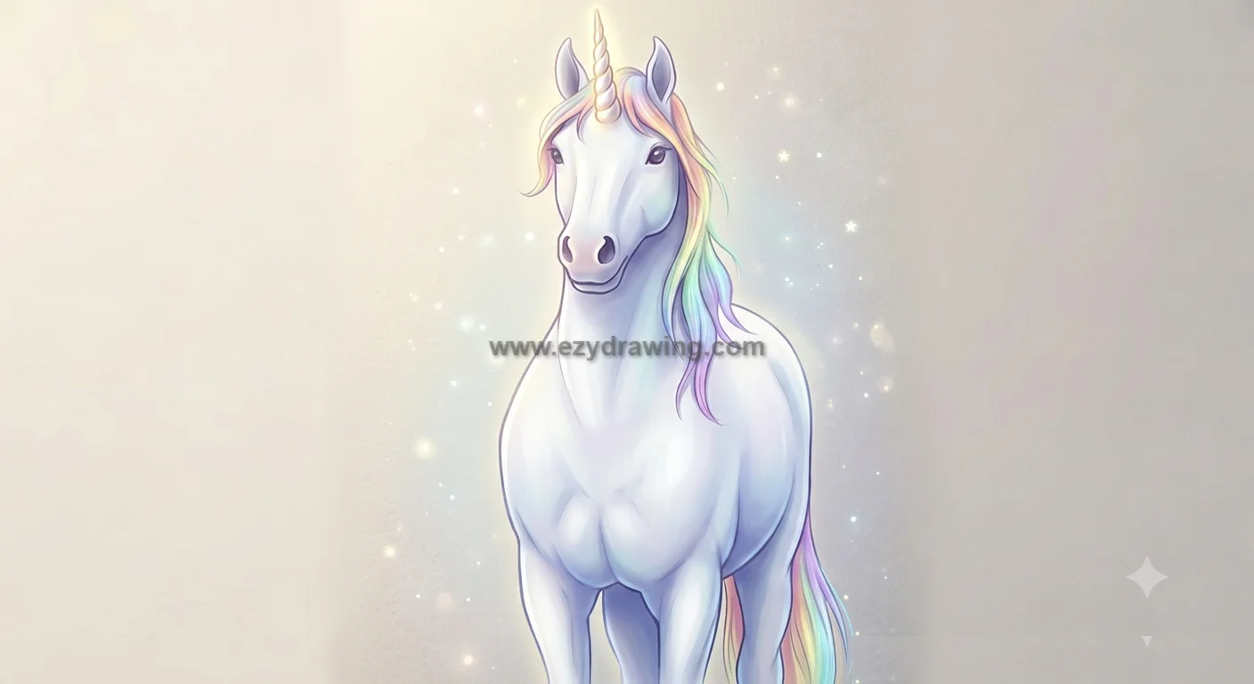 how to draw unicorns final colored artwork with white unicorn, rainbow mane, golden horn, soft shading, and magical sparkles
