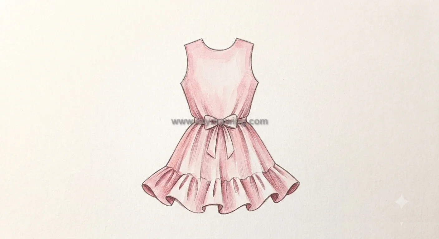 How to draw dress with soft pink coloring, realistic shading, a fitted bodice, waist bow, flowing folds, and a ruffled hem.