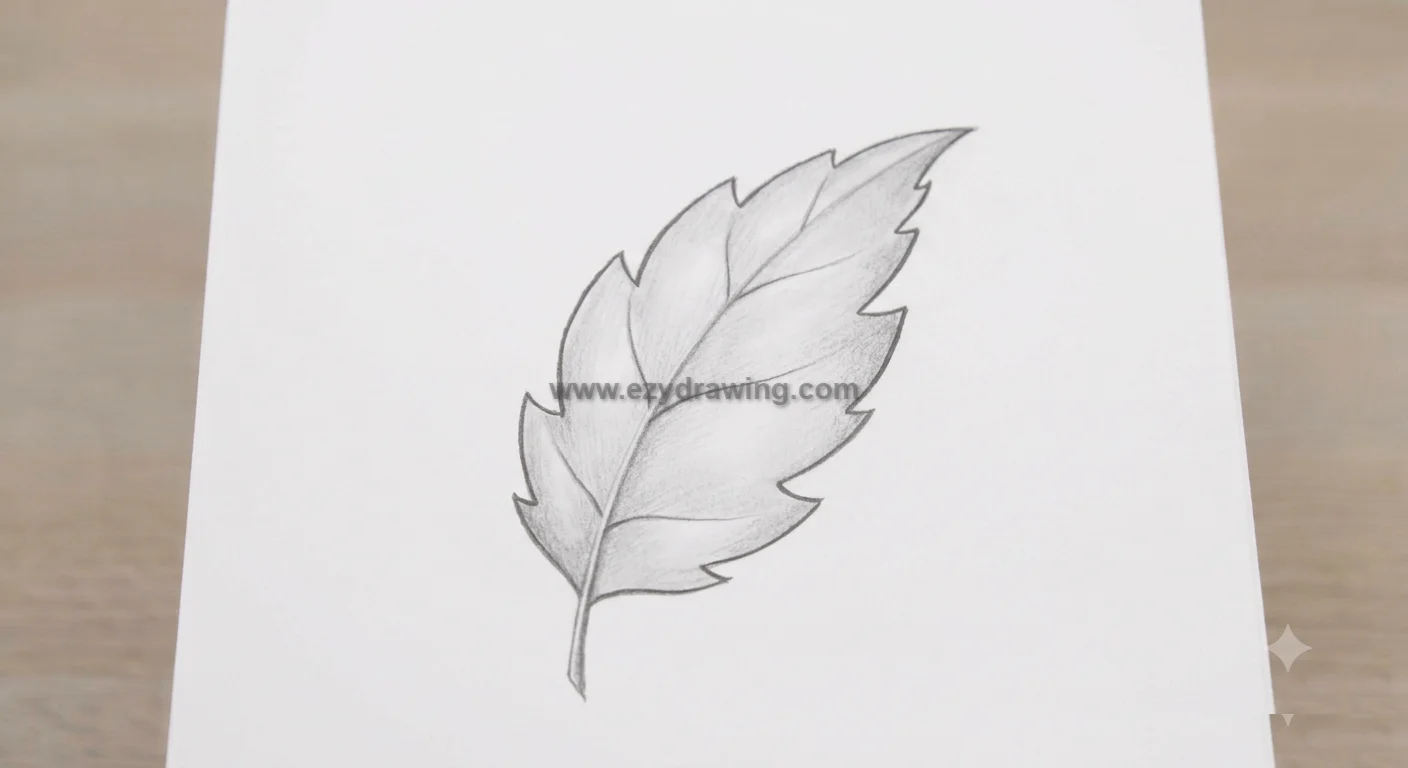 how to draw leaf final step showing a shaded pencil leaf with serrated edges, veins, and stem on white paper for easy practice