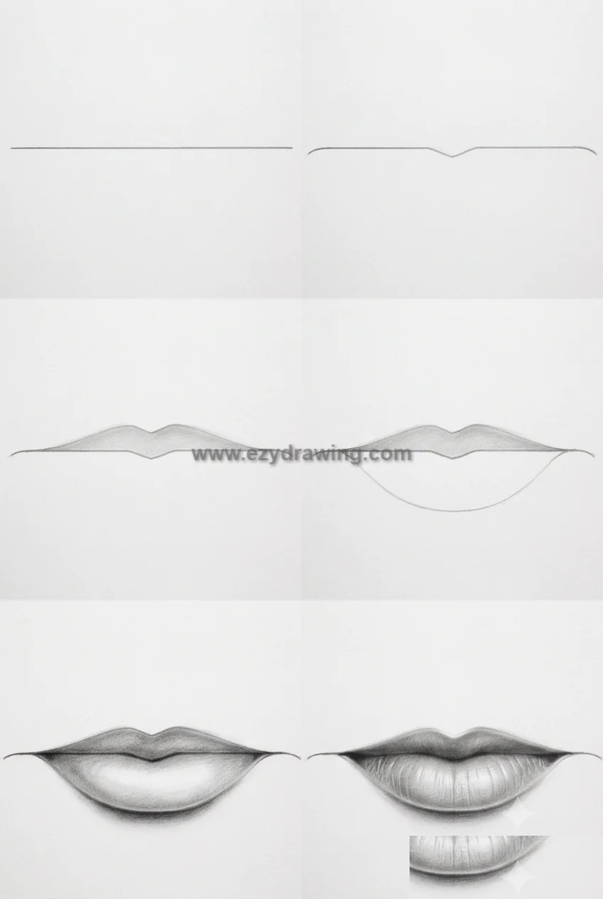 How To Draw Mouth six step pencil tutorial showing lip sketch progress from guide line to realistic shaded mouth