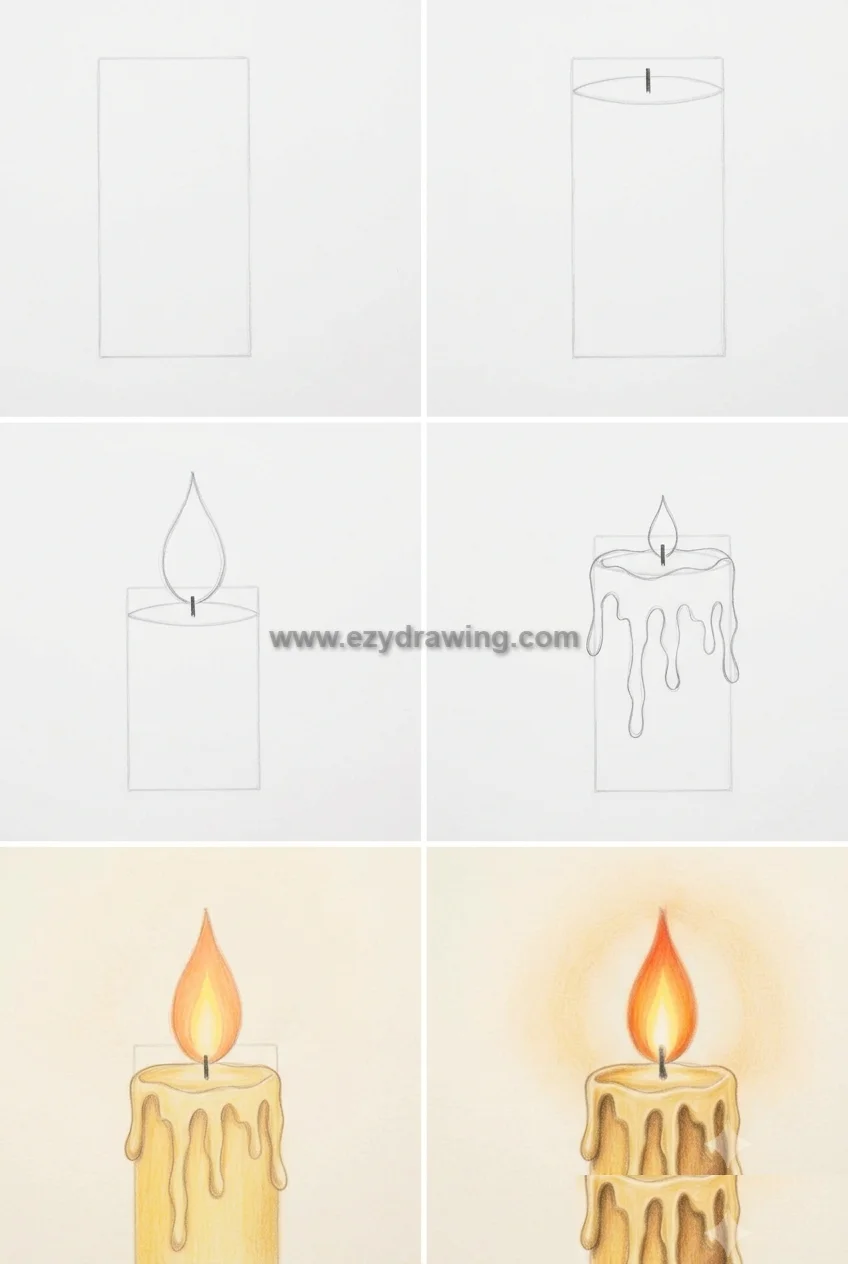 How To Draw A Candle six step collage showing candle body, wick, flame, melted wax, color, and final shading for kids.