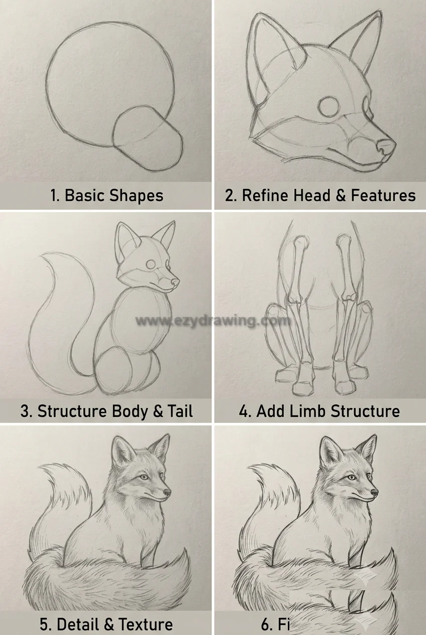 How to draw fox step by step collage showing six easy drawing stages from basic shapes to a realistic finished fox sketch.