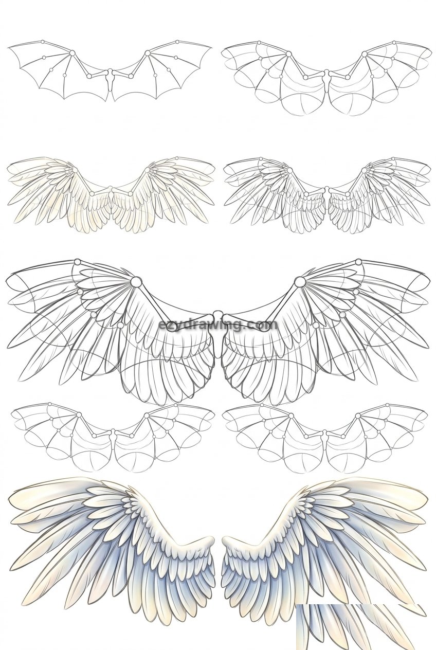 How to draw wings step by step summary showing the complete wing drawing process from basic framework to detailed, fully colored realistic angel wings