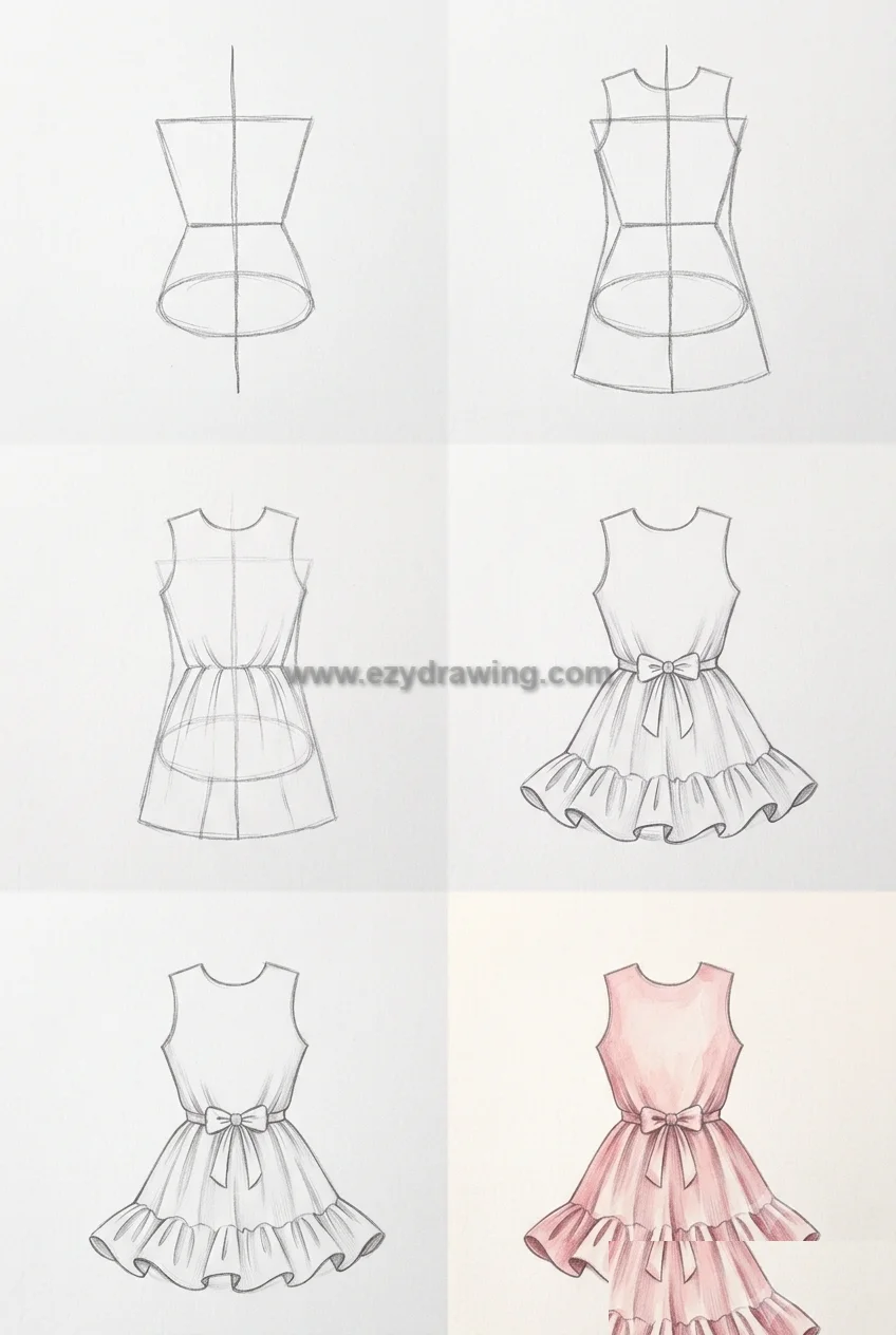 How to draw dress in six easy stages, from basic guidelines and bodice shaping to folds, bow, ruffled hem, and pink coloring.