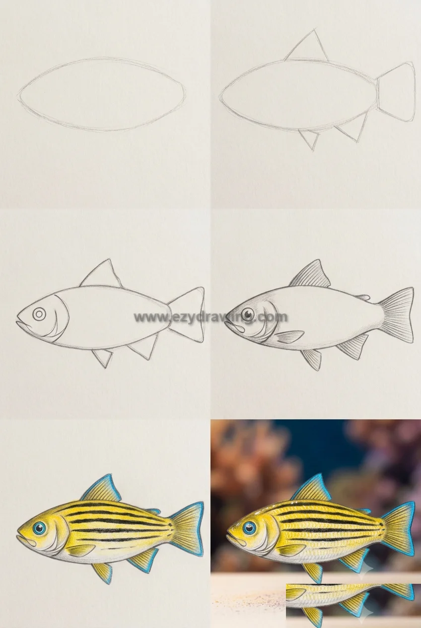 how to draw fish collage showing six step pencil stages from oval body to detailed fins, color, and final polished striped fish