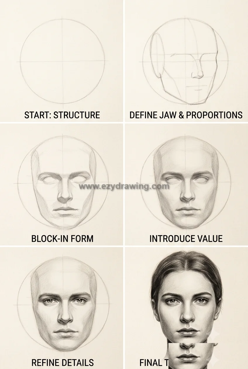 How to Draw Portrait in six stages, from basic structure and proportions to shading, refined details, texture, and a finished face.