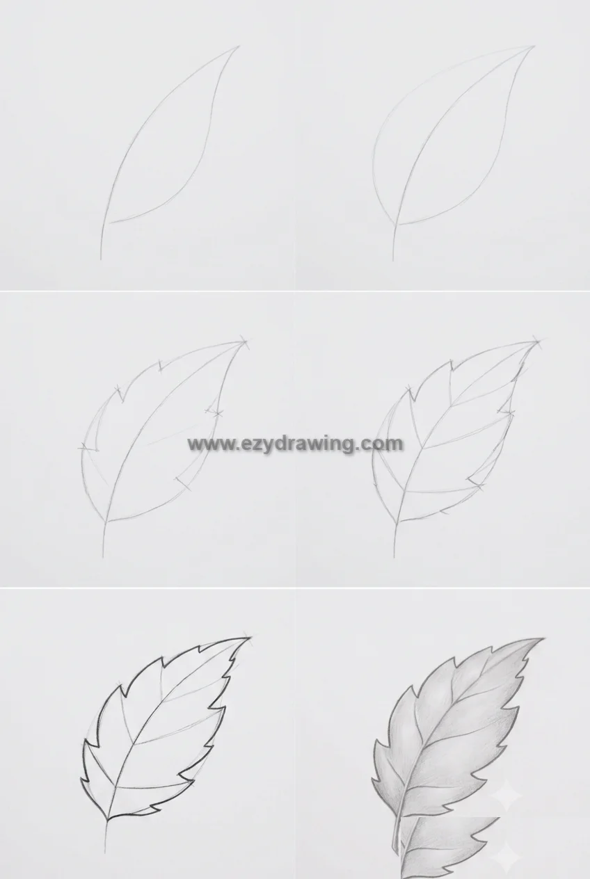 how to draw leaf six stage pencil tutorial showing outline, guide points, serrated edges, veins, and shaded final sketch