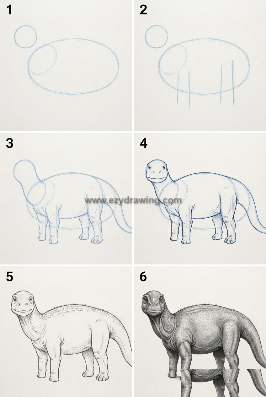 How To Draw dinosaurs Easy Step By Step for Kids 8 How To Draw dinosaurs six step guide showing sauropod sketch from basic shapes to final shaded dinosaur drawing tutorial