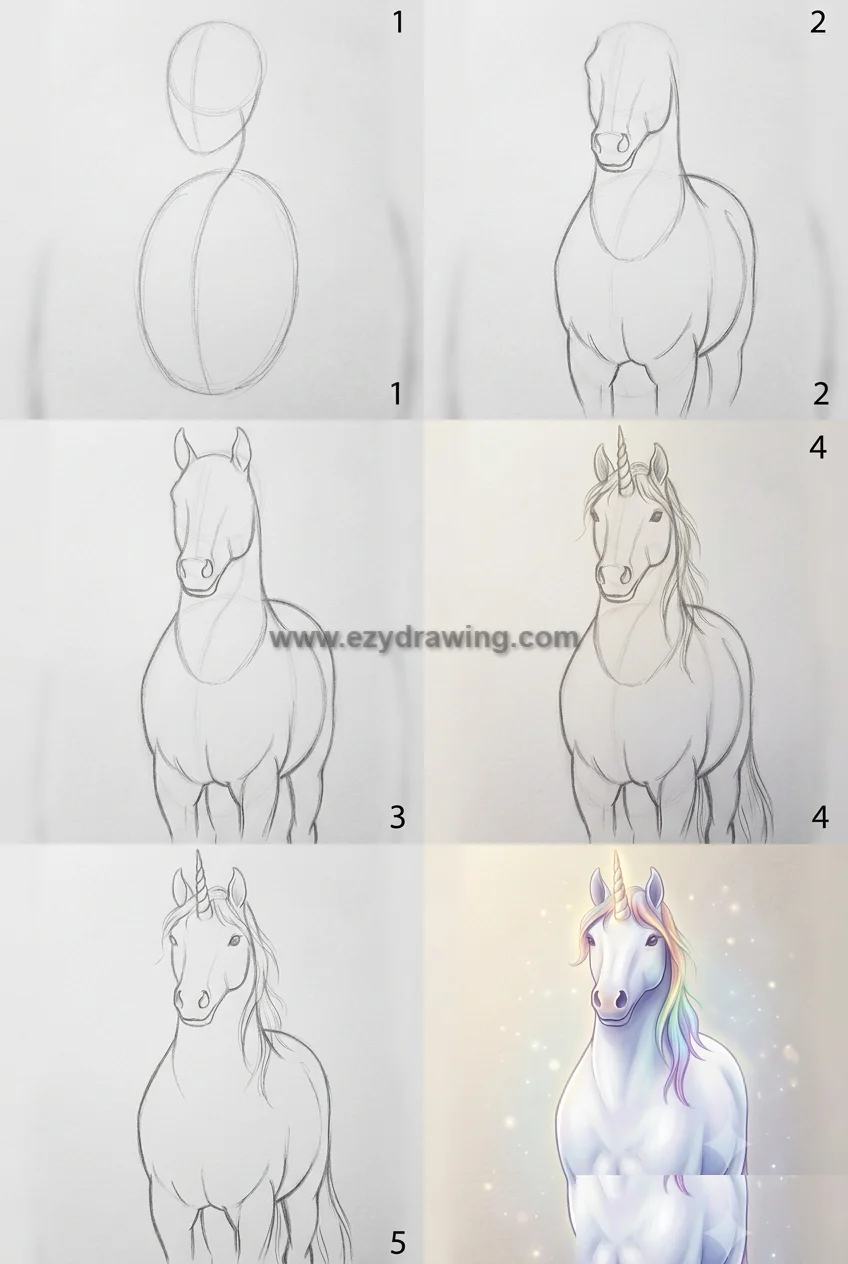 how to draw unicorns six stage visual guide showing pencil sketch steps, horn, mane, body details, and final colored unicorn