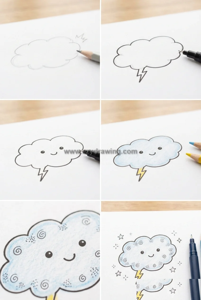 How To Draw Doodles in six easy steps, showing a cute cloud from pencil sketch to a colorful finished design with stars.