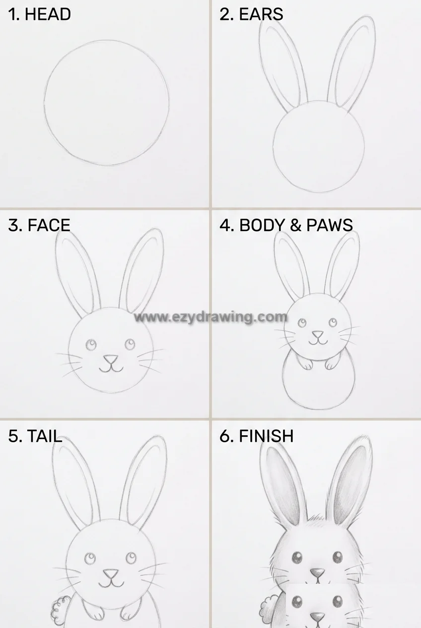 How to Draw a Rabbit A Simple and Fun Guide 8 How to Draw a Rabbit with six easy step by step sketches, showing the head, ears, face, body, tail, and finished bunny.