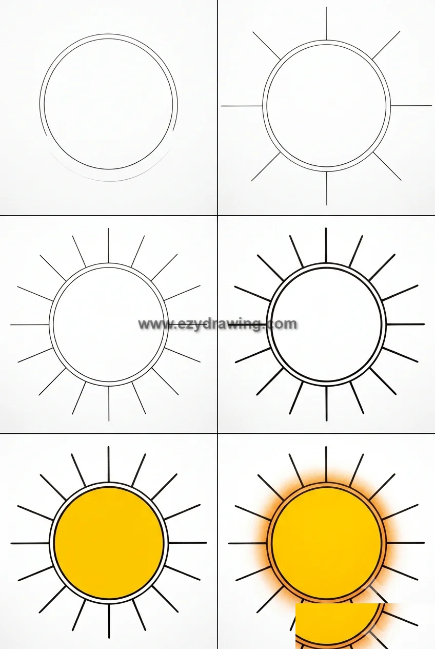How to draw sun with six easy step-by-step illustrations, from a simple circle to a bright, glowing sun with colorful rays.