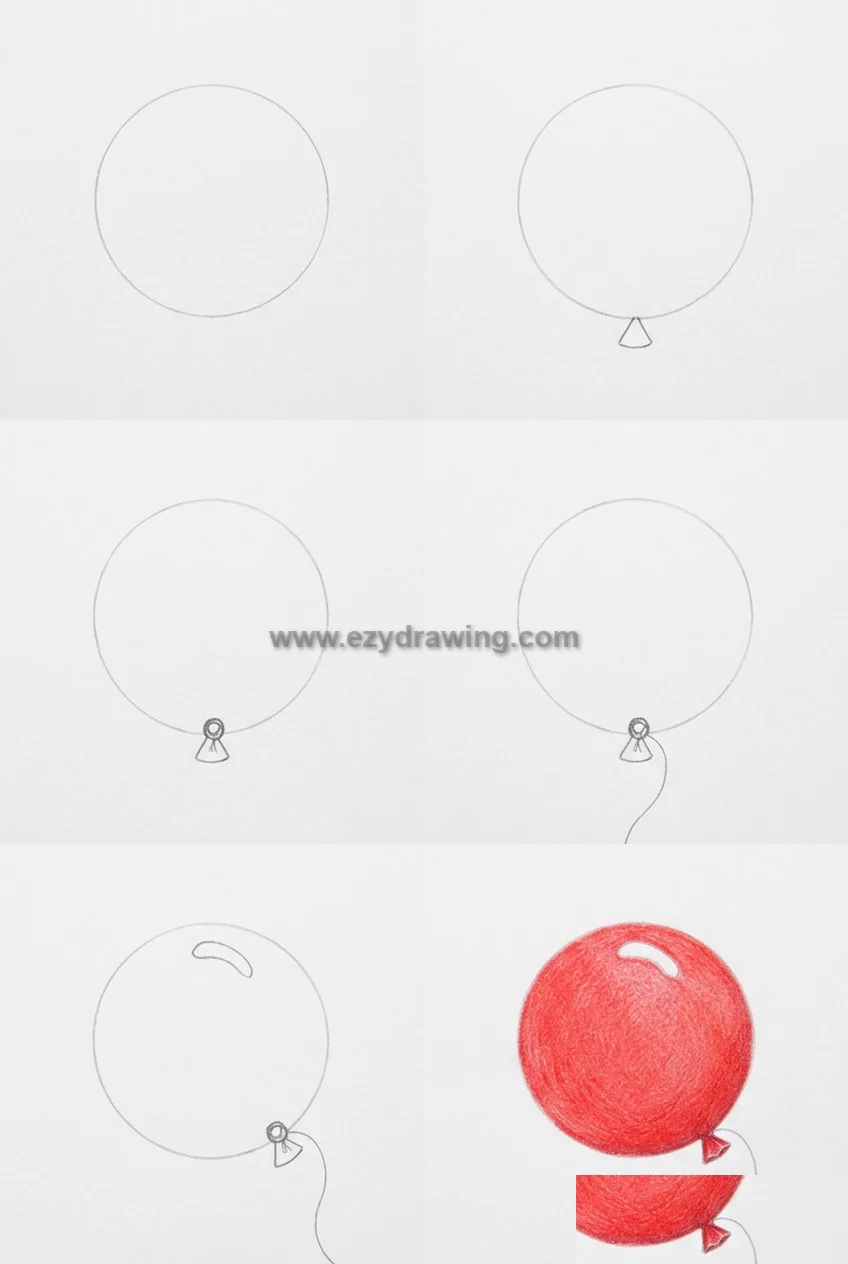 How To Draw Balloon Quick Easy Drawing Ideas 8 How To Draw Balloon tutorial collage showing six easy steps from circle outline to red shaded balloon with knot, string, and shine.